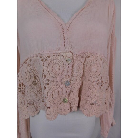 ICON Blouse Womens One Size Pink Crochet Lace Boho V Neck Long Sleeve Peplum - Picture 3 of 12